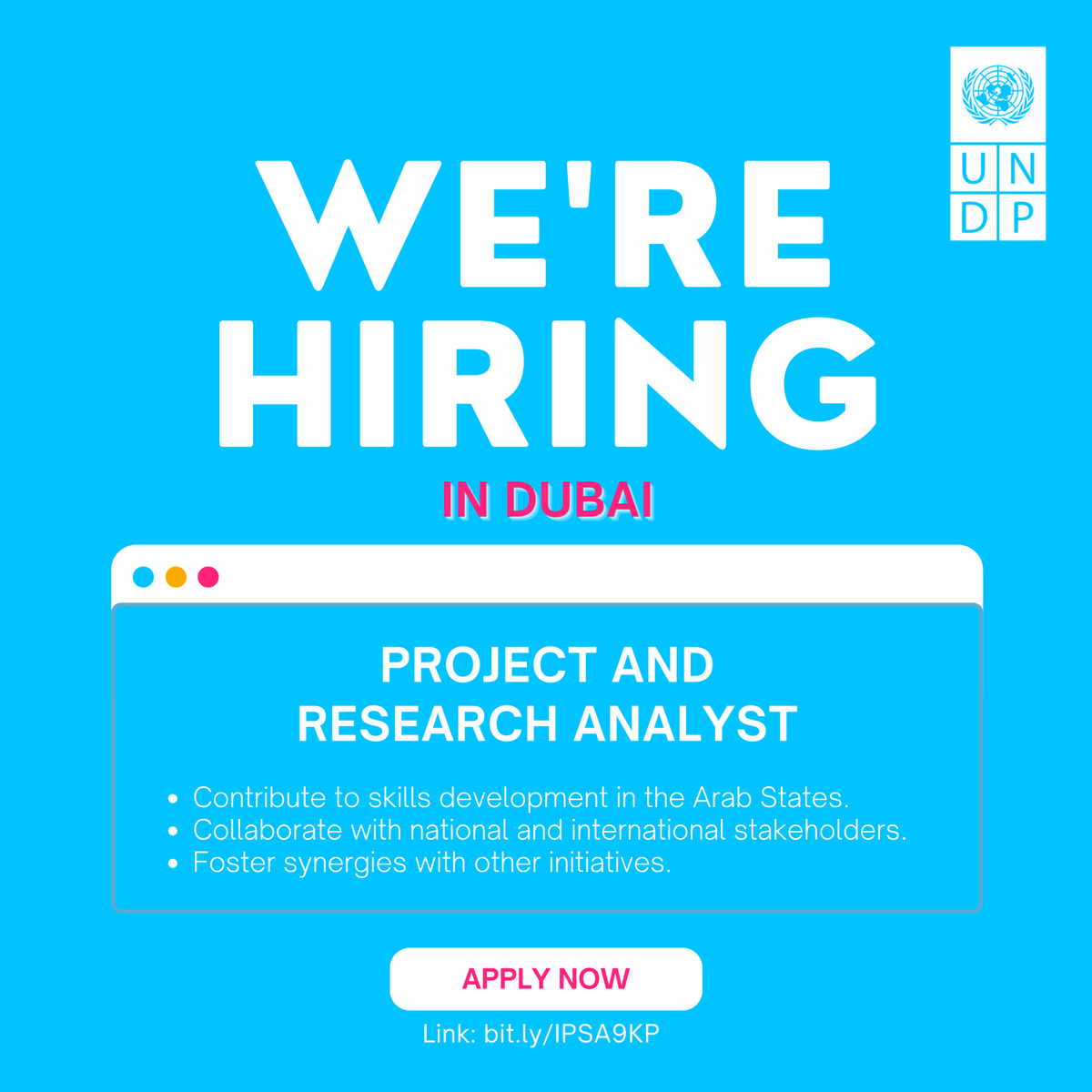 🌟 Join @UNDP in #Dubai as a Project and Research Analyst! Drive the impactful #FutureSkills4All initiative in the #Arab region. 📚🌍 Apply by 7 April: bit.ly/IPSA9KP Fluent English and Arabic required, French a plus. #UNDPJobs #DubaiOpportunity #ApplyNow