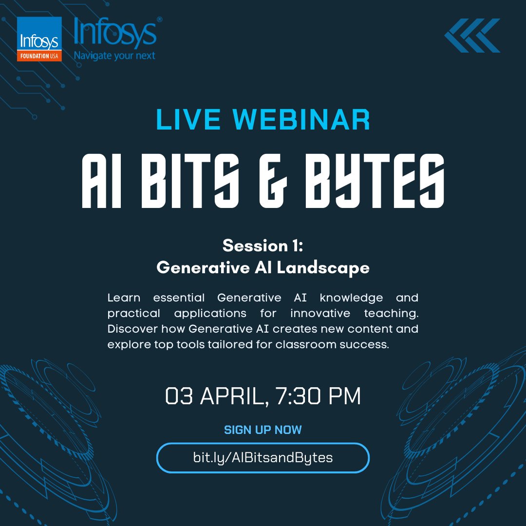 FREE WEBINAR ALERT! Explore Generative AI's creative powers on April 3rd with @InfosysUSA AI expert - the first of four exciting sessions. Discover new content creation tools for transformative learning experiences. Register now: bit.ly/AIBitsandBytes #AIinEducation #CSEd