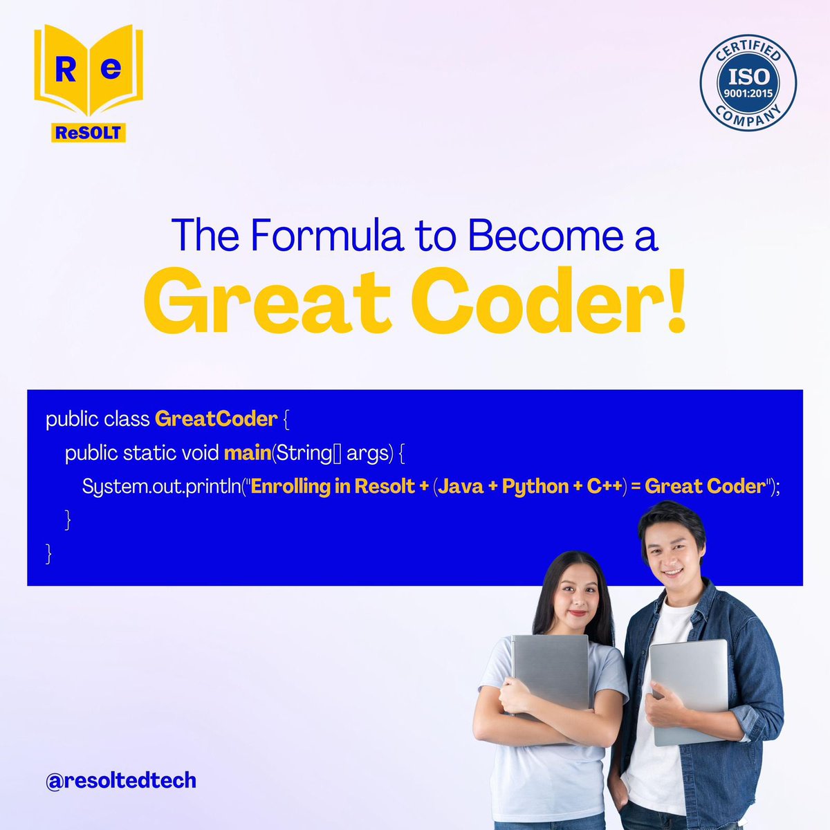 Crack the code to coding success! At ReSOLT Institute, we’ll help you master coding languages just like we teach foreign languages💫

#ReSOLT #ReSOLTInstitute #InternationalLanguages #TailoredPlans 
#StudyMaterial #Coding #CodingCourses #Java #C++ #Python #CodingClasses