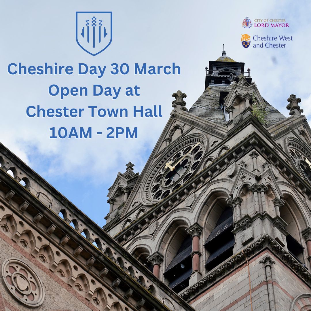 Celebrate Cheshire Day with us at Chester Town Hall on Saturday 30 March.
Enjoy our magnificent building from 10AM - 2PM, with self guided tours available.
We look forward to welcoming you! 
#whatsonchester @Shitchester #freechester #easter #easterweekend #cheshireday