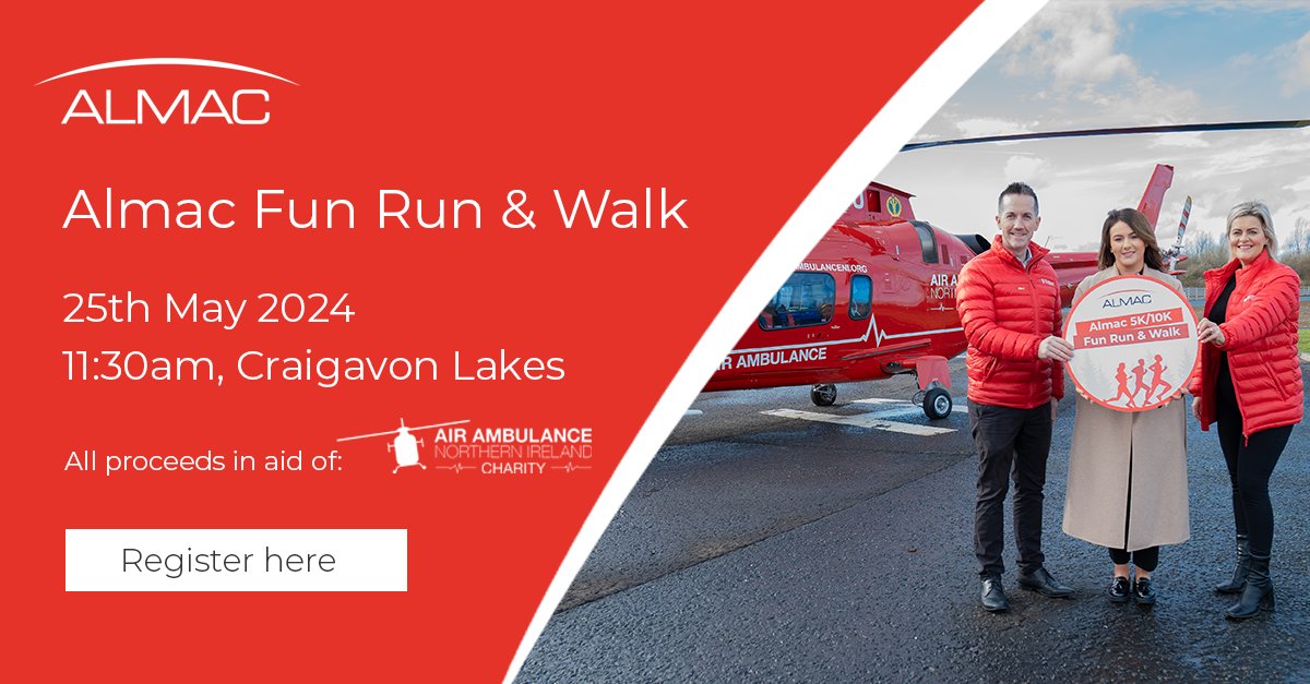 Join us on Saturday 25th May for our charity 5K / 10K Fun Run & Walk! This year 100% of proceeds go to @AirAmbulanceNI, a vital charity dedicated to responding to serious trauma and medical emergencies across Northern Ireland. Sign up today: almacgroup.com/fun-run #RunningNI