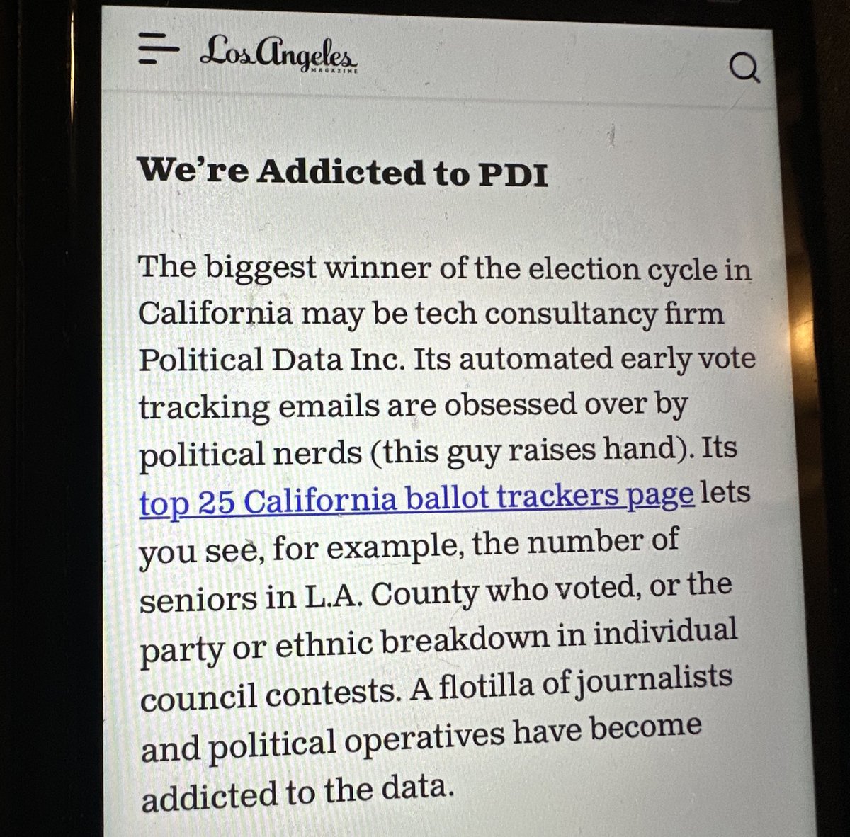 Many know how much I love all the nerdy election data stuff, but there’s few things I love more than the fandom for the <a href="/Political_Data/">PDI</a> early vote tracker.  It’s a great CA tradition, and thanks to <a href="/LAmag/">Los Angeles Magazine</a> for the little write up.  H/t <a href="/alexcoheninla/">Alex Cohen</a> for sending this.