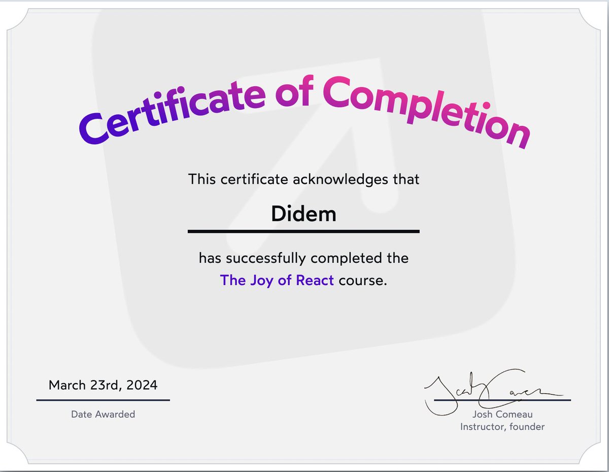 The beeeeest React course I've ever completed. Thanks @JoshWComeau for creating this course 🌟 Learnt such hard concepts in such short time thanks to you! joyofreact.com