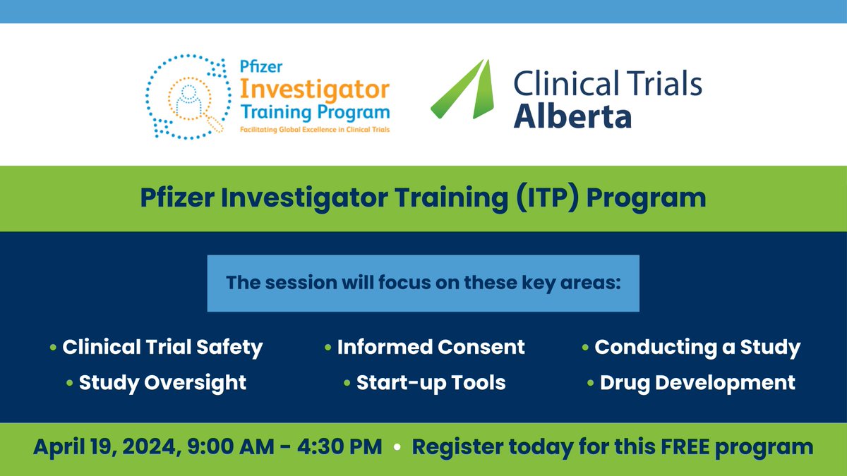 nactrc's tweet photo. Join us for @PfizerCA's Investigator Training Program (ITP) on April 19th, 2024! Hosted by @ClinTrialsAB &amp; @UCalgary, this workshop is perfect for clinical trial investigators and staff.

Learn more and register: https://t.co/vGdScFiGlb https://t.co/sI1k0pGlJe