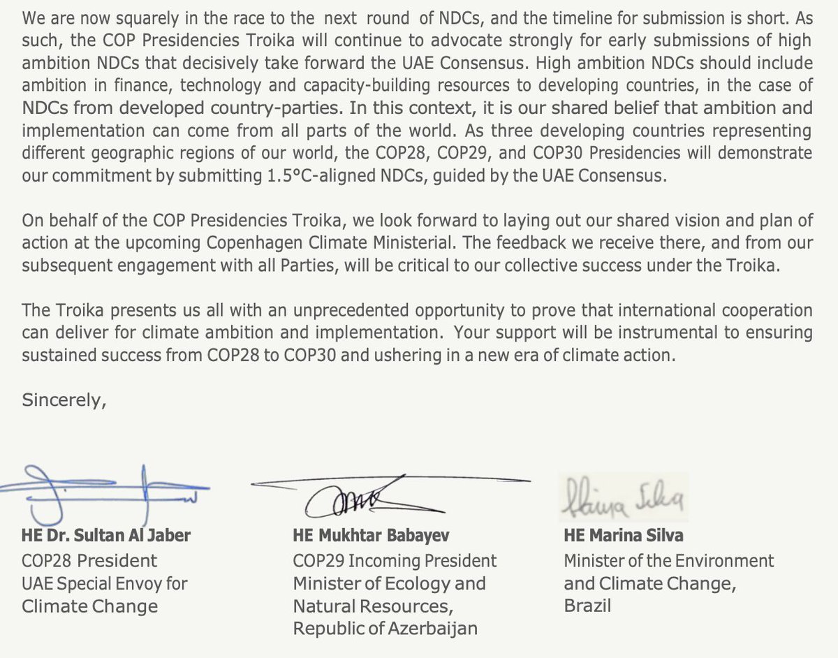 Letter from Brazil, Azerbaijan & UAE to fellow governments + UN says they will submit '1.5C aligned' #climate plans with 2035 emission targets. Quite a commitment from 3 petro-states, when you think about it...