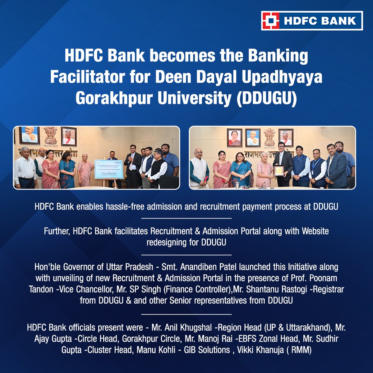 HDFC Bank - Deen Dayal Upadhyaya Gorakhpur University (DDUGU) ink pact Read Below to know more: #HDFCBank #News #DDUGU #Banking