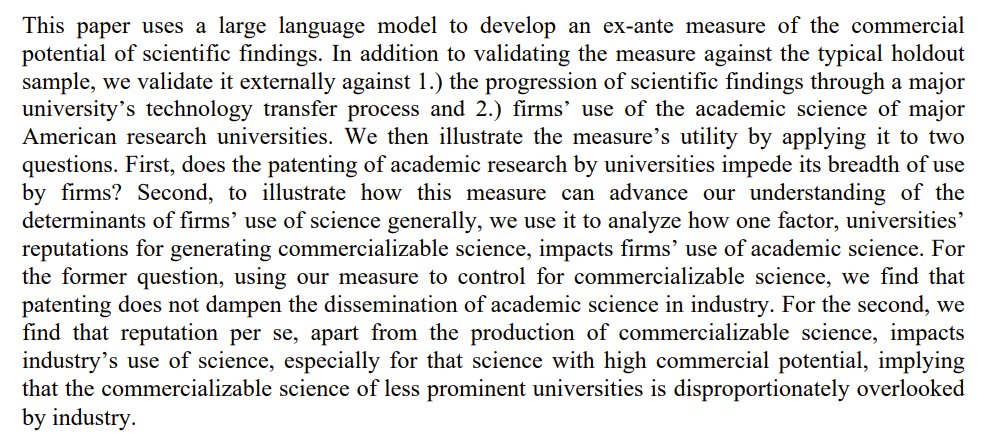 New from Roger Masclans-Armengol, Sharique Hasan, and Wes Cohen: 'Measuring the Commercial Potential of Science.' Uses text analysis to estimate the commercial potential of a large sample of academic papers in STEM fields (not social science, don't worry). nber.org/papers/w32262