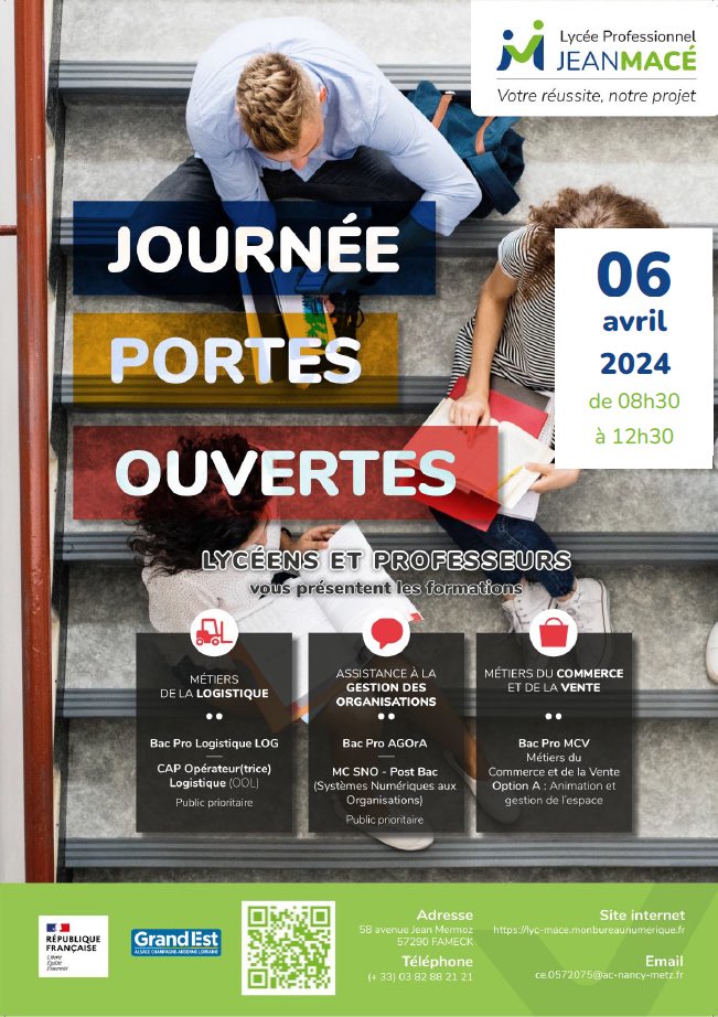 Futur(e) ou ancien(ne) élève, entreprise partenaire ou promeneur curieux ? Les lycéens et professeurs vous accueillent @lyceejeanmace 💫🏫🌿 Portes Ouvertes : samedi 6 avril de 8:30 à 12:30 Plateaux techniques, formations, CVL, Mobilités @acnancymetz @GregoryPremon @Dsden57