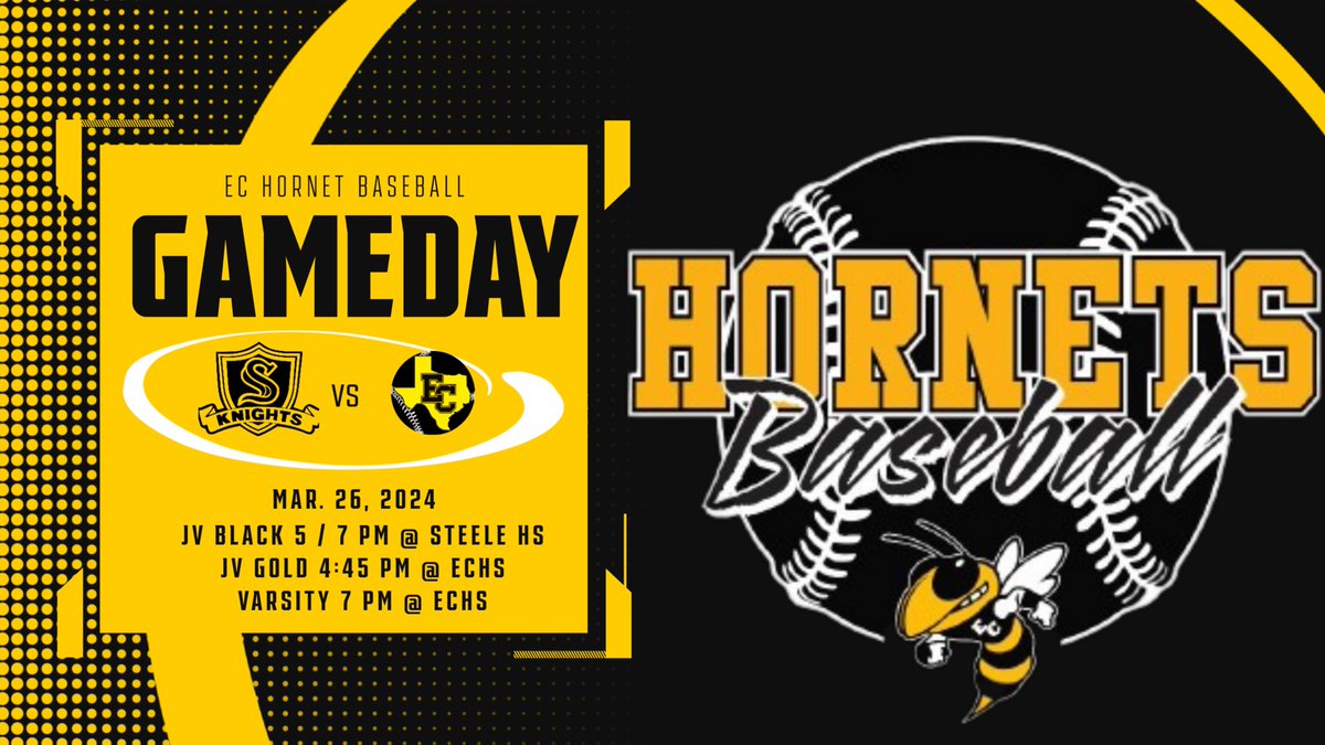 _ECBaseball's tweet photo. ⚾️ Triple the action! 🚨 EC Hornet Baseball takes on the Steele Knights in a JV Black doubleheader on the road at 5/7 pm. Meanwhile, JV Gold plays at home at 4:45 pm, and Varsity showdown at home at 7:00 pm. @_ECAthletics @ECISDtweets @booster_ec @ArriolaSuzette https://t.co/qi681WQjCQ