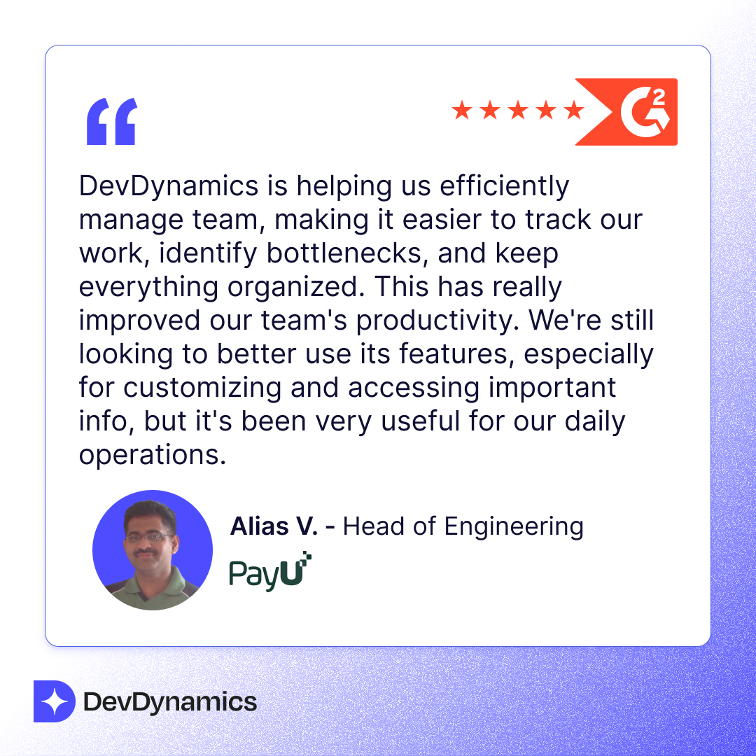 DevDynamicsAI's tweet image. "DevDynamics has transformed how we manage projects at PayU, bringing clarity & focus where it's needed." - Alias, Head of Engineering
@PayUindia
Discover how we're streamlining teamwork and data-driven decision-making at PayU → bit.ly/3IQEUQD
#EngineeringExcellence