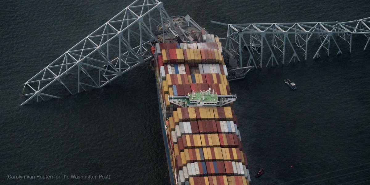 Aerial photos show the scale of the destruction of the Francis Scott Key Bridge in Baltimore, which collapsed after being hit by the Singapore-flagged container vessel Dali in the early hours of Tuesday morning. wapo.st/43xpcDu