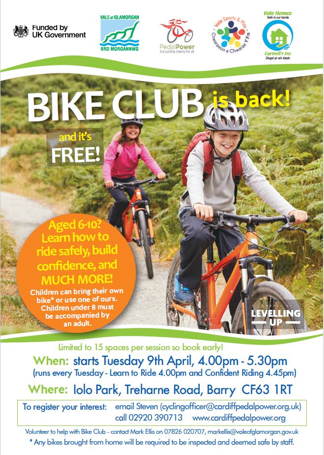 Barry Bike Club is back 🚴‍♂️ 🗓️ Join us starting Tuesday, April 9th, from 4:00pm to 5:30pm. 📍 Location: Iolo Park, Treharne Road, Barry CF63 1RT. 📧 For more details, email cyclingofficer@cardiffpedalpower.org.uk or call 02920 390713. Visit cardiffpedalpower.org