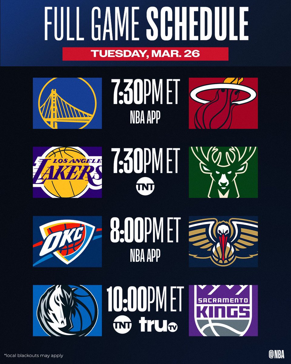 Tuesday Hoops ‼️

▪️ AD vs. Giannis
▪️ DAL seeks 5 wins in a row
▪️ #2 In West OKC visits #4 in West NOP

📺 TNT, TruTV, NBA App
📲 link.nba.com/dailysg