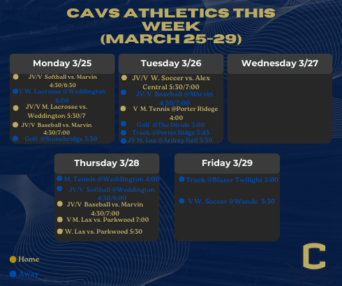Athletics events this week: Let's head to the spring break strong @CHS_Cavsnation @AGHoulihan @UCPSNCAthletics