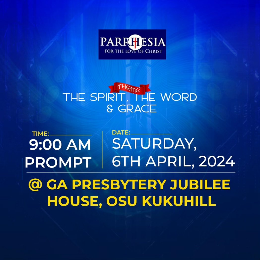 ParrhesiaComm's tweet photo. 2024 ANNUAL GENERAL MEETING ❗️

The AGM is an enriching experience as we come together to study the word of God, pray, share impact from the previous year and plan ahead.

You're invited to join us.

God bless you.

#ParrhesiaCommission 
#AnnualGeneralMeeting 
#JoinUs https://t.co/3I8i4cGhlE