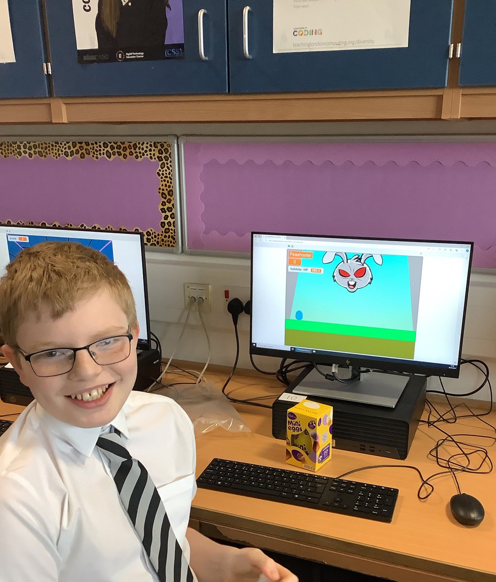 One of todays S1 scratch winners with his ‘Evil Easter Bunny’ game! #programmingskills #scratchprogramming