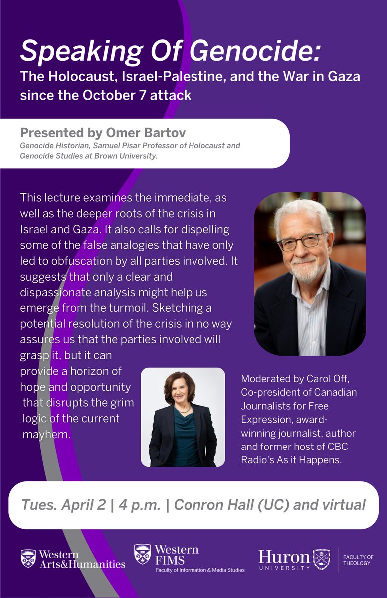 On April 2, genocide historian Omer Bartov visits to discuss the Holocaust, Israel-Palestine, and the war in Israel and Gaza since the Oct 7 attack. Award-winning journalist Carol Off will moderate the discussion. Learn more: events.westernu.ca/events/fims/20… @caroloffcbc @WesternU