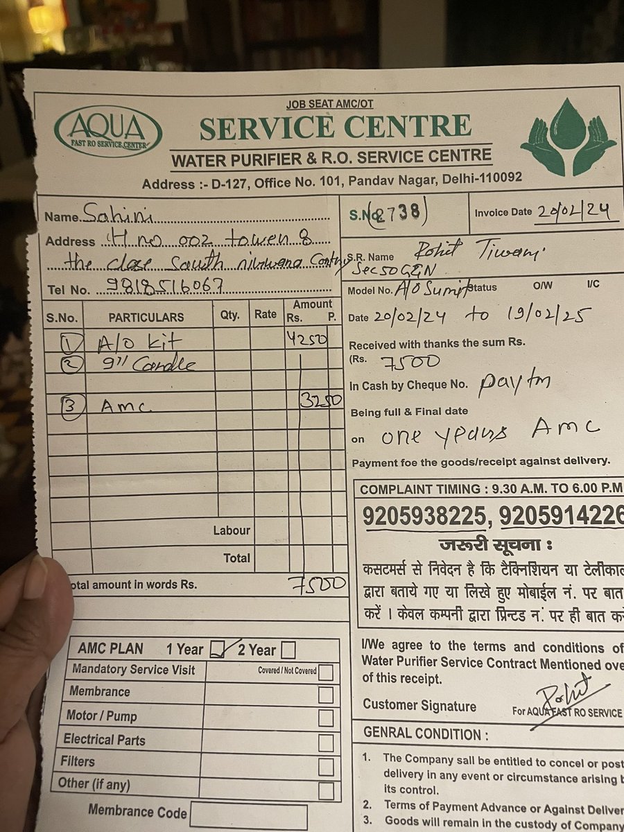 I bought a new RO machine in Nov23. @AOSmithin centre in Gurgaon sent me a service person on 20th Feb who took 7500 in the name of AMC & changed the filter. Today I found he has given a locally made filter & no AMC exists in my name. Please check b4 sending frauds to our homes.