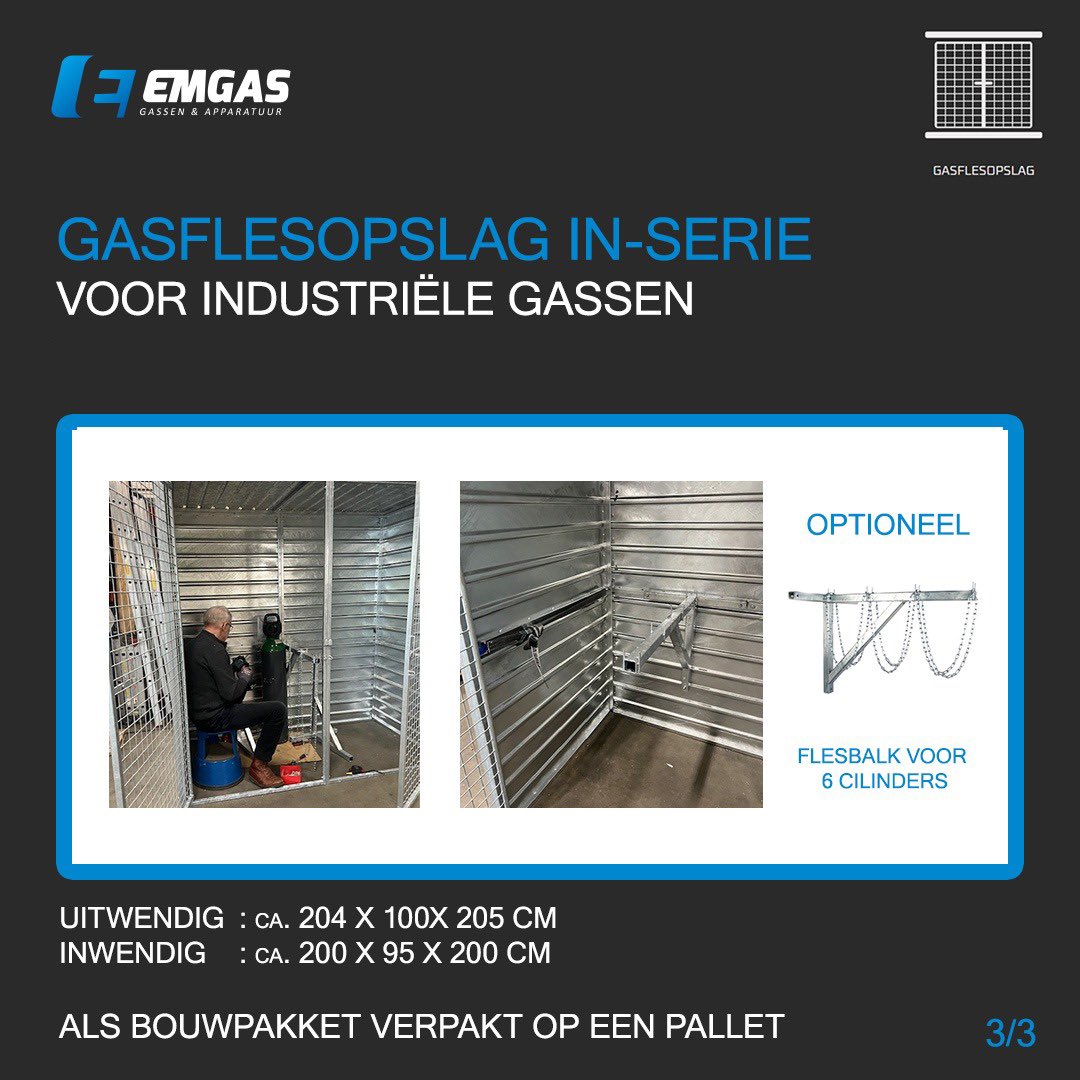 EmgasBV's tweet photo. Emgas levert PGS 15-conforme gasflesopslagen voor industriële gassen. Niet brandwerend maar goed geventileerd, als bouwpakket op pallets geleverd. Belangrijk: blijf veilig werken met gasflessen. #Veiligheid #Gaflesopslag https://t.co/NVQOm8CEqn