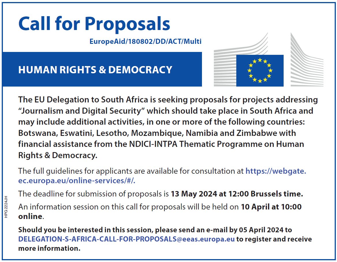 EUinSA's tweet image. 🌍 Opportunity Alert! 📢We 🇪🇺 are calling for proposals focusing on "Journalism and Digital Security" in South Africa. Proposals may also include activities in Botswana, Eswatini, Lesotho, Mozambique, Namibia, &amp;amp; Zimbabwe. More info: webgate.ec.europa.eu/online-service… 13 May 2024 12:00