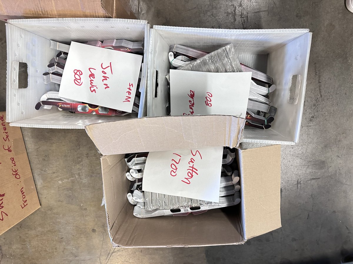 DocSTEM's tweet photo. Eclipse glasses are packed & out for delivery. Thanks #APSCandI team for truly exhibiting our #APSSTEAM learner profile #CollaborateStrategically to ensure that the #atlantapublicschools scholars & staff are ready for the Eclipse. Thx @NASAGoddard #DrTrenaFerrell @ctae_in_aps https://t.co/55ggajL7fU