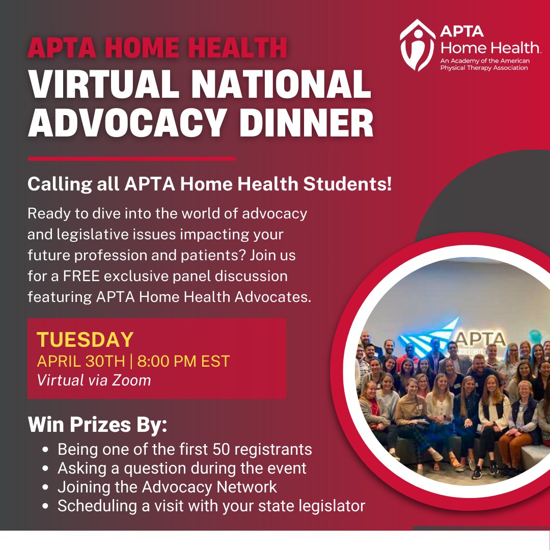 Calling all APTA Home Health Students! Ready to dive into the world of advocacy and legislative issues impacting your future profession and patients? Join us for an exclusive panel discussion featuring APTA Home Health Advocates. Click Here to Register: loom.ly/pOb05R4