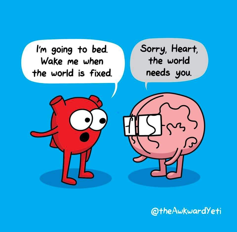 ❤️: Me voy a la cama. Despiértame cuando el mundo esté arreglado. 🧠: Lo siento corazón, el mundo te necesita. Así estamos... #BuenosDías 😃🙌