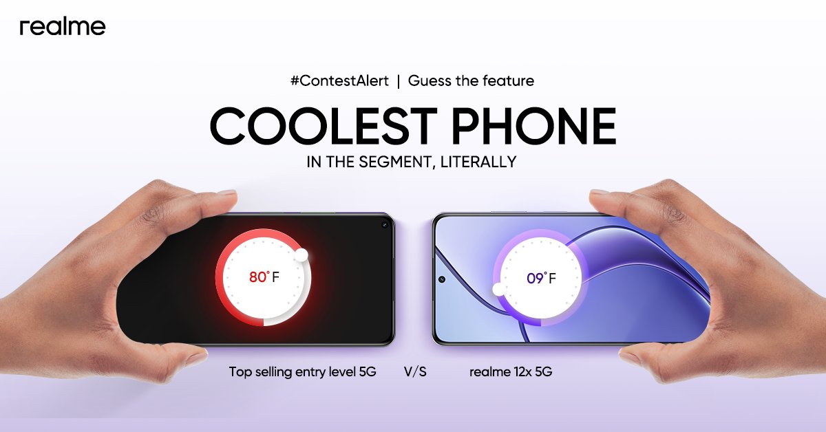 #ContestAlert
🤔Guess the feature that keeps the cool of your smartphone even while multifunctioning.

▶️Comment using #Entrylevel5GKiller and stand a chance to win #realme12x5G.
Launching 🔜

Know more: bit.ly/3VxEXIo