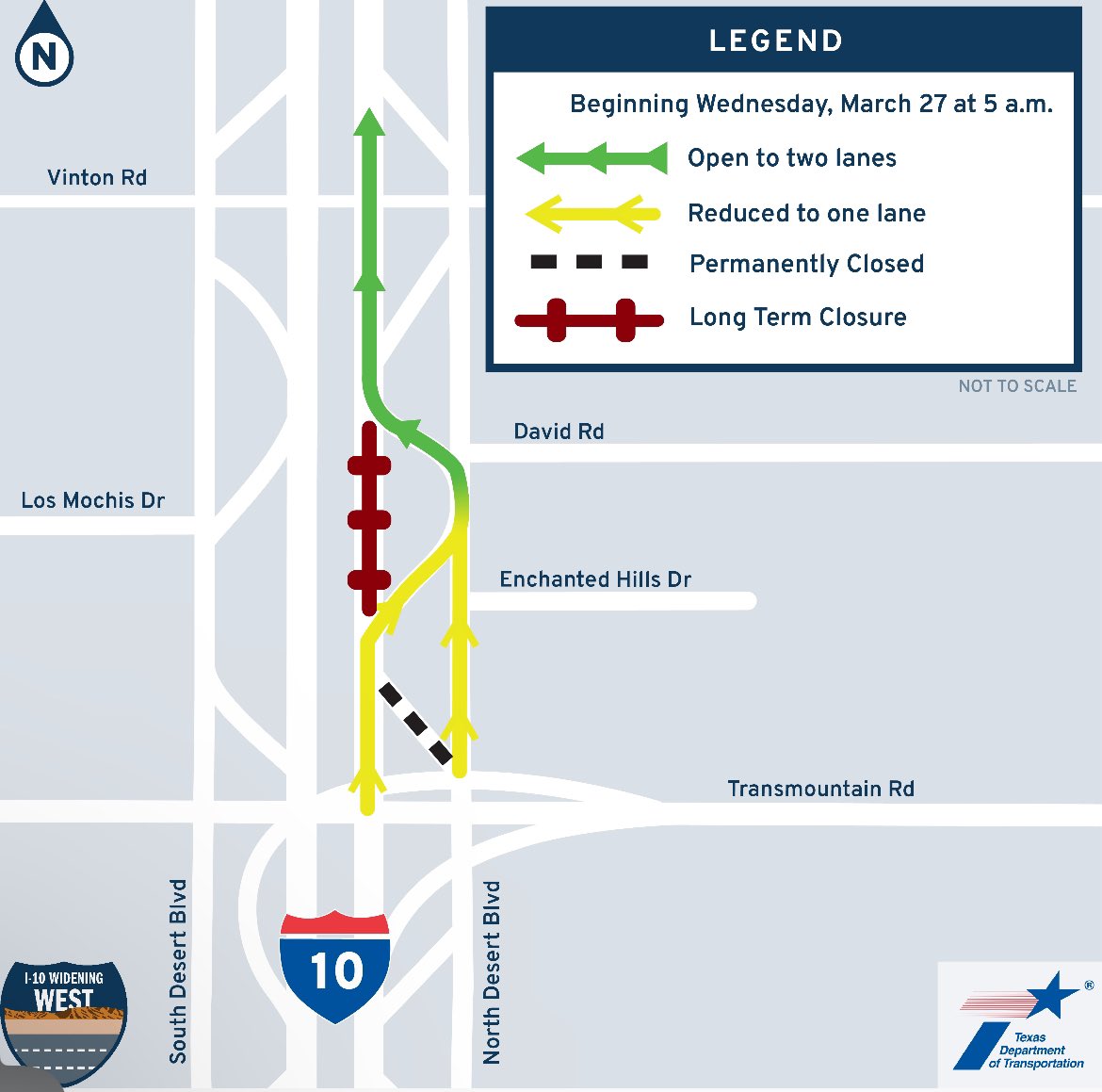 I-10 WIDENING WEST
STARTING TOMORROW 
NEW TRAFFIC PATTERN
Starting Wed 3/27
• WB Transmountain on ramp will be removed
• North Desert Blvd reopens to thru traffic at Enchanted