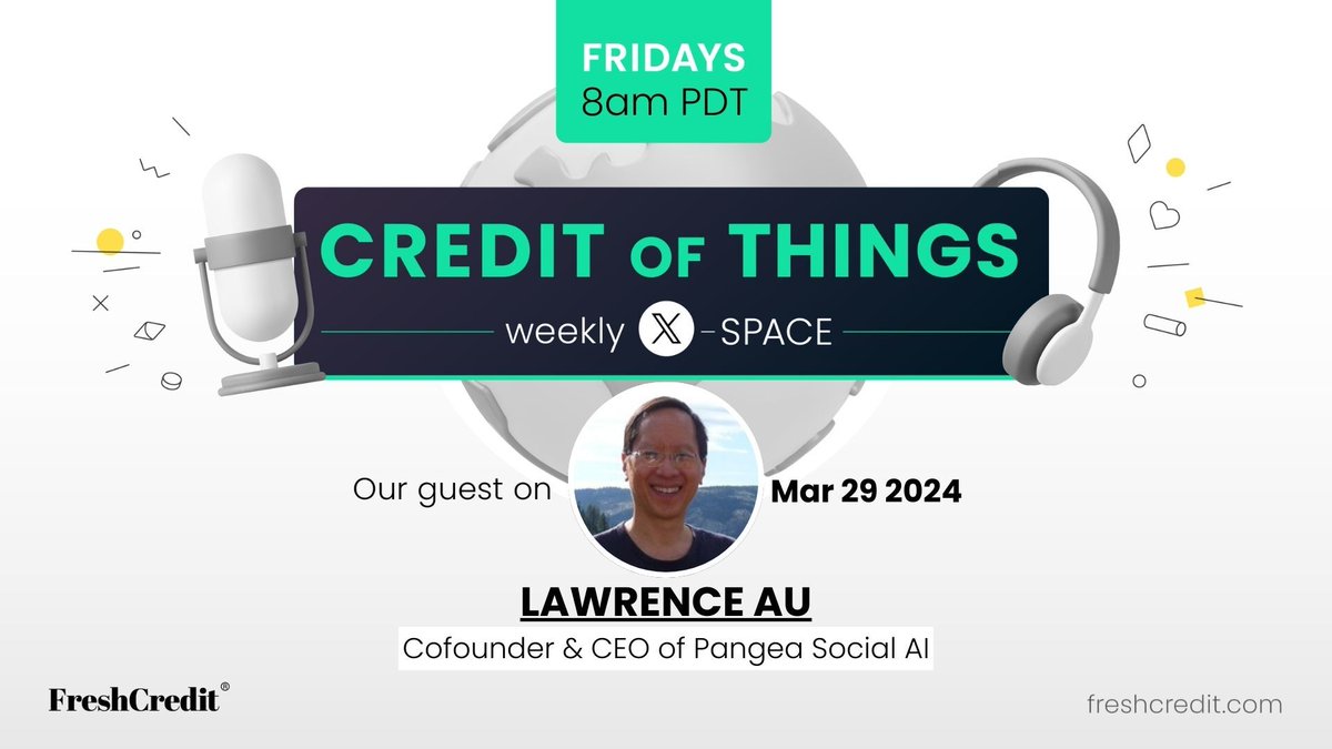 Join the #FreshCredit Podcast! Friday mar 29 @ 8AM PDT
x.com/i/spaces/1vAGR… 

"Empowering #Creativity: #Blockchain, #AI, and the Future of #Credit" w/ <a href="/FreshCredit/">FreshCredit®</a> &amp; Lawrence Au, CEO of Pangea Social