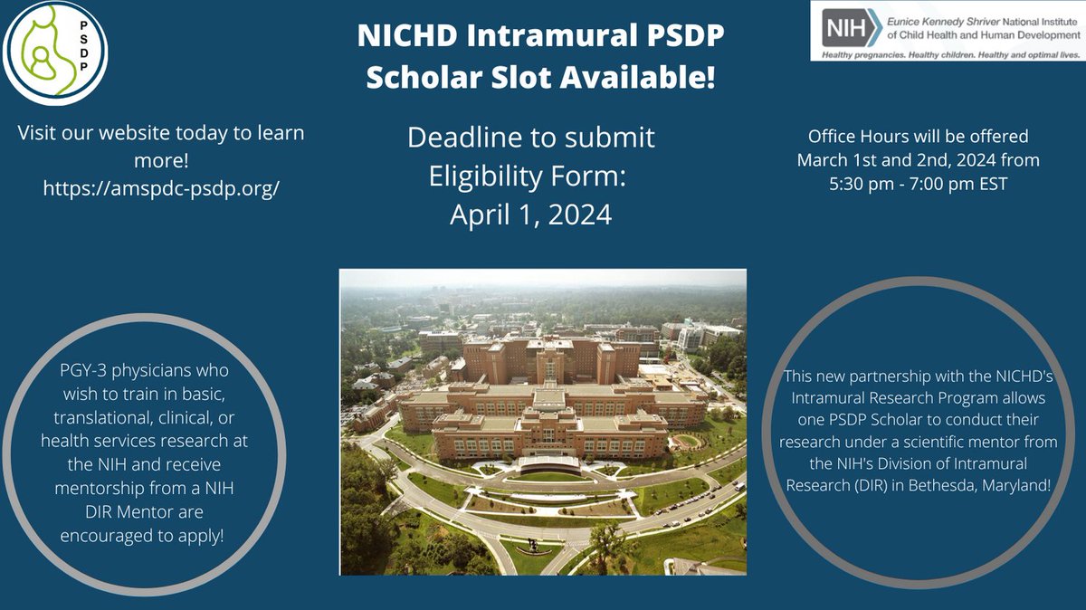 A slot for @PSDP_AMSPDC Intramural NICHD DIR is available! Collaborate with top scientific mentors from NIH’s Division of Intramural Research in Bethesda, MD. Deadline to submit eligibility form is April 1st. amspdc-psdp.org @SalliePermar @catherine_97177