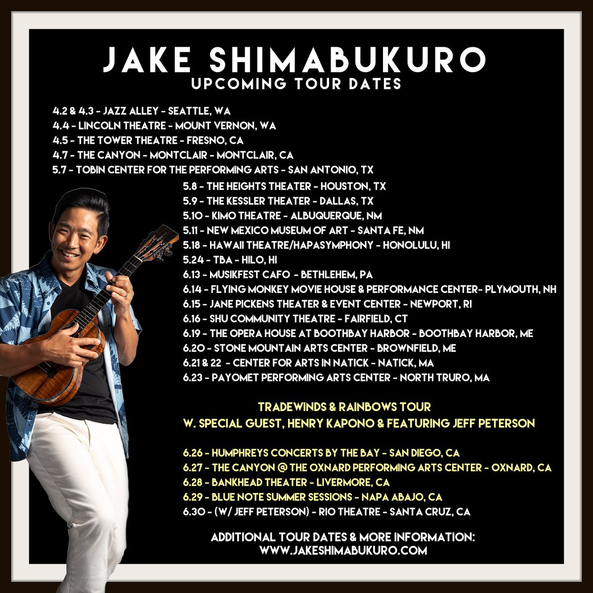 Check out these upcoming @JakeShimabukuro tour dates! Get more information here: jakeshimabukuro.com/tour/ #jakeshimabukurotour2024 #ukulele