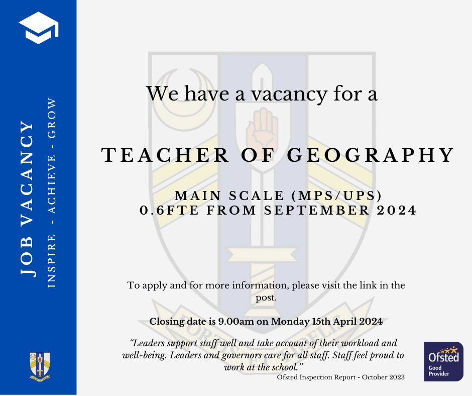 We are seeking to appoint a dynamic, enthusiastic and talented Geography teacher who will compliment and add to a supportive and successful humanities faculty to teach Geography. Visit sirjohnnelthorpe.co.uk/vacancies/teac…