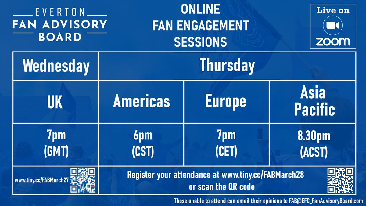 This week we are hosting FOUR Fan Engagement Meetings for Evertonians around the world. Wed 27th UK: 7pm (GMT) Register: tiny.cc/FABMarch27 Thu 28th Americas: 6pm (CST) Europe: 7pm (CET) Asia Pacific: 8.30pm (ACST) Register: tiny.cc/FABMarch28 Please share 🙏💙