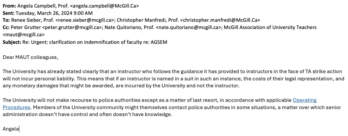 E. Richard Gold (@ip_policy) on Twitter photo .<a href="/maut_apbm/">MAUT | APBM</a> has obtained clarification from <a href="/mcgillu/">McGill University</a> that McGill will indemnify instructors who face legal action as a result of following University demands to do work assigned to striking TAs in <a href="/agsem_aeedem/">AGSEM | MCGILL UNION</a>, even if, as legal opinion to MAUT stated, doing so is illegal. 1/2 .<a href="/maut_apbm/">MAUT | APBM</a> has obtained clarification from <a href="/mcgillu/">McGill University</a> that McGill will indemnify instructors who face legal action as a result of following University demands to do work assigned to striking TAs in <a href="/agsem_aeedem/">AGSEM | MCGILL UNION</a>, even if, as legal opinion to MAUT stated, doing so is illegal. 1/2