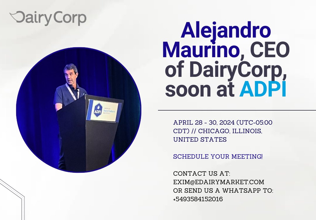 eDairyMarket_'s tweet photo. 📌 #ADPI2024 / Dairy Corp participará en la conferencia ADPI, del 28 al 30 de Abril!! 🤩

📅 Agenda una reunión con nuestro CEO, Alejandro Maurino (@amaurino): https://t.co/Ca3dUQCJN3

➕ Conoce más de la conferencia ADPI: https://t.co/8BXx8f9QuM https://t.co/WmEXBhKH9x