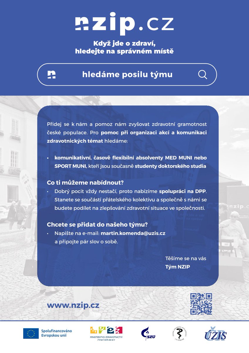 Národní informační zdravotnický portál <a href="/nzip_cz/">Národní zdravotnický informační portál</a> hledá posily z řad doktorandů MED MUNI a <a href="/sport_muni/">Fakulta sportovních studií MU</a>, kteří by se podíleli na organizaci osvětových akcí a komunikaci zdravotnických témat❤️‍🩹⚕️
Máš zájem❓
Více informací a jak se přihlásit
👇