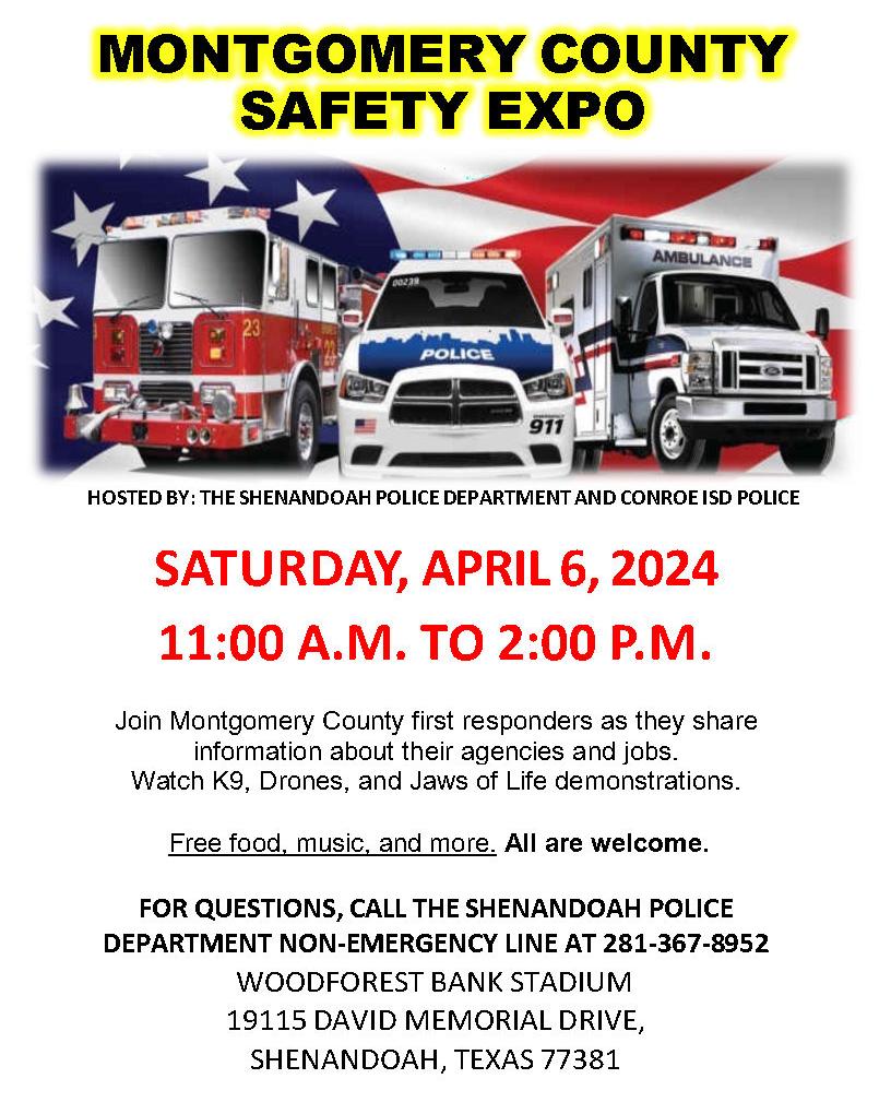 needhamfiretx's tweet photo. Next weekend, Montgomery County ESD 4/ Needham Fire Rescue will be at the Montgomery County Safety Expo, hosted by Shenandoah Police Department - TX  and Conroe ISD Police Department. Come by and see us from 11am-2pm for fun giveaways and a chance to check out our trucks! https://t.co/923RuFE5H9
