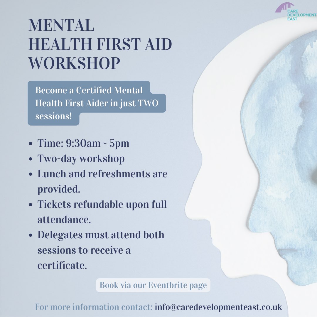 Join us on one of our Mental Health First Aid workshops in April, May, June or July.

This course qualifies your employees as Mental Health First Aiders.

Book your tickets here: eventbrite.co.uk/e/adult-mental…

#mentalhealthfirstaid #healthandcare