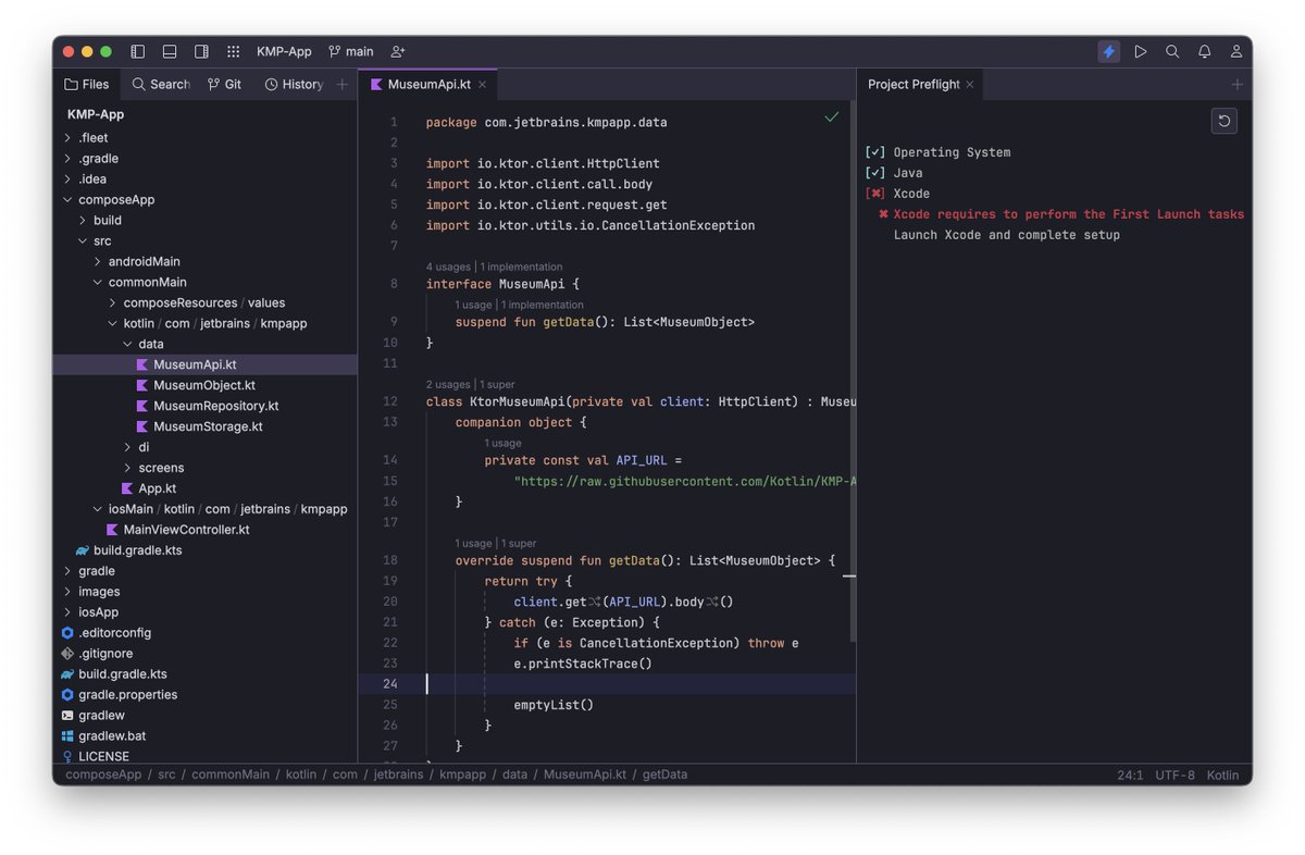 Fleet 1.32 is out with updates that improve the Kotlin Multiplatform project workflow:

✅ Improved environment pre-flight checks
✅ Wireless debugging for iOS 17

Learn more about working with KMP projects in Fleet in our in-depth tutorial: ⤵️
jb.gg/jiqd19