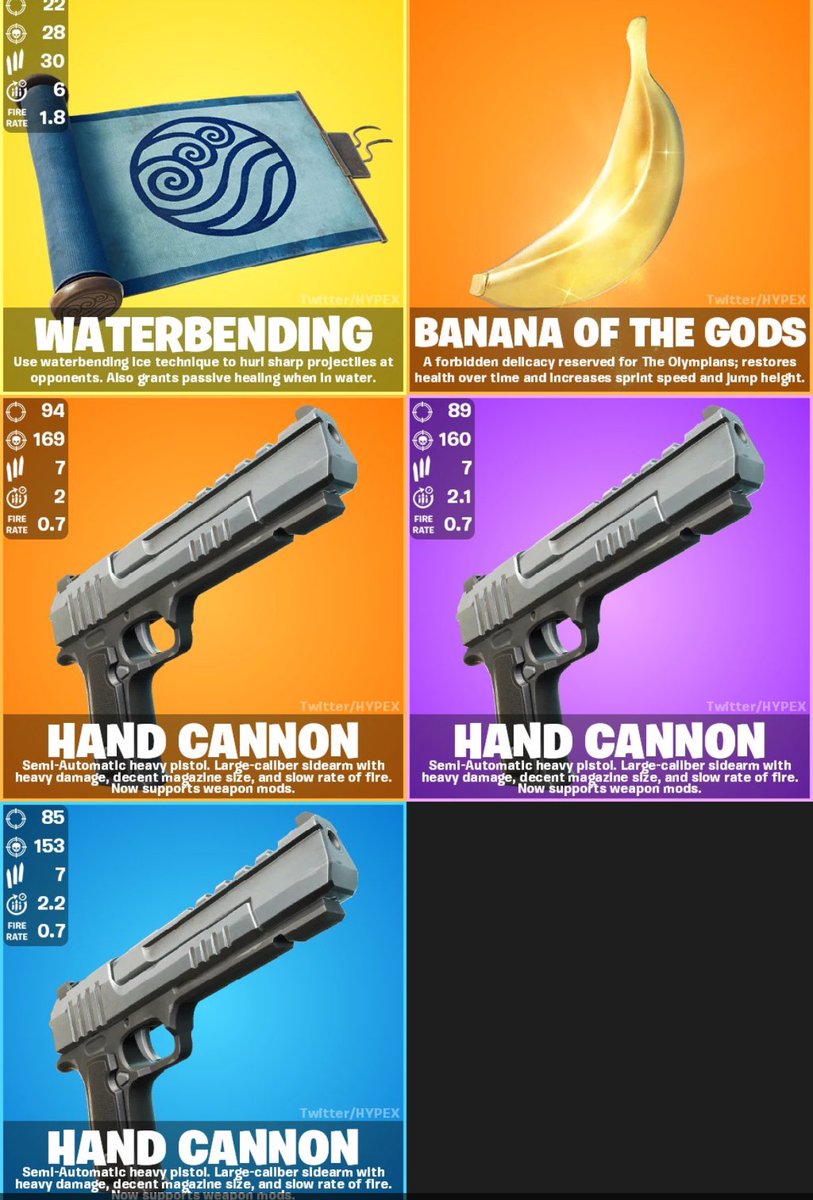 peely_official's tweet photo. The Hand Cannon is unvaulted and there is a new Banana of the Gods consumable and the new Waterbending Mythic. https://t.co/tOaJE55mKO