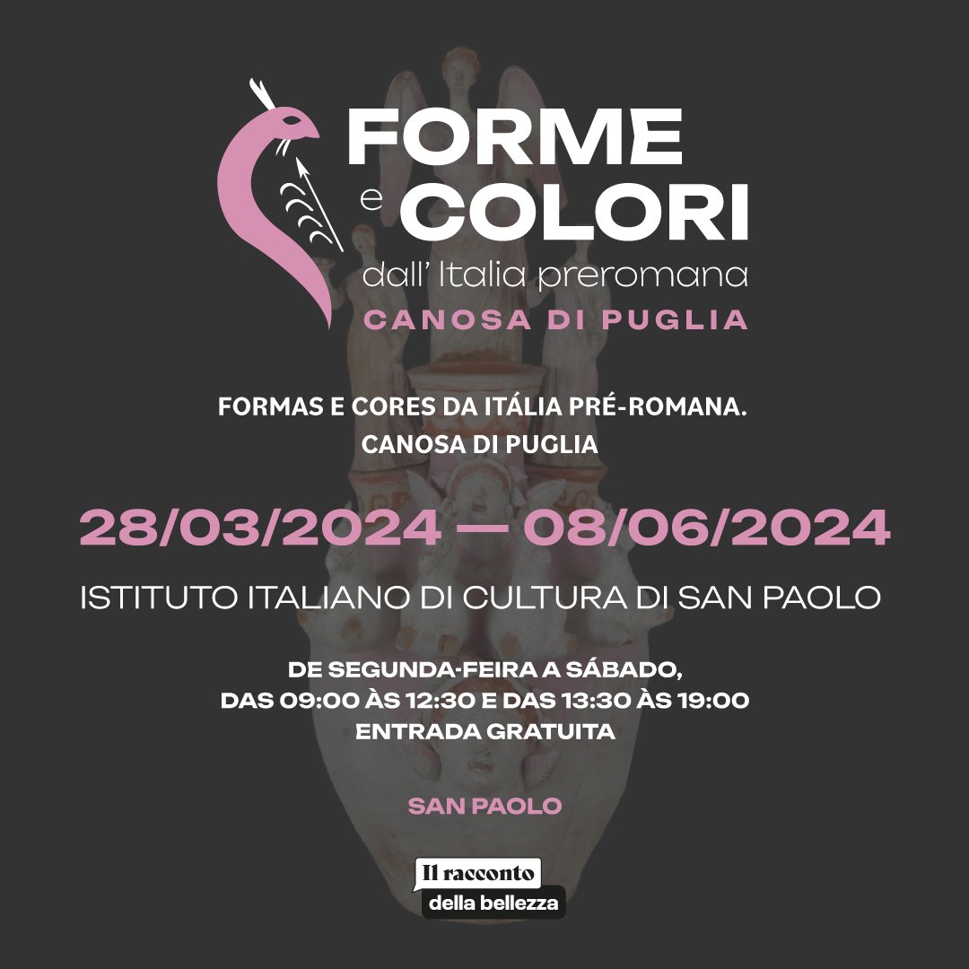 Dal 28 marzo all’8 giugno 2024 l’<a href="/IICSanPaolo/">IIC San Paolo</a>
ospita la mostra “Forme e Colori dall’Italia Preromana. Canosa di Puglia”. Per la prima volta in Brasile esposti artefatti originali appartenenti alla cultura Dauna (IV e II secolo a.C.) provenienti dai musei del <a href="/MiC_Italia/">Ministero della Cultura</a>