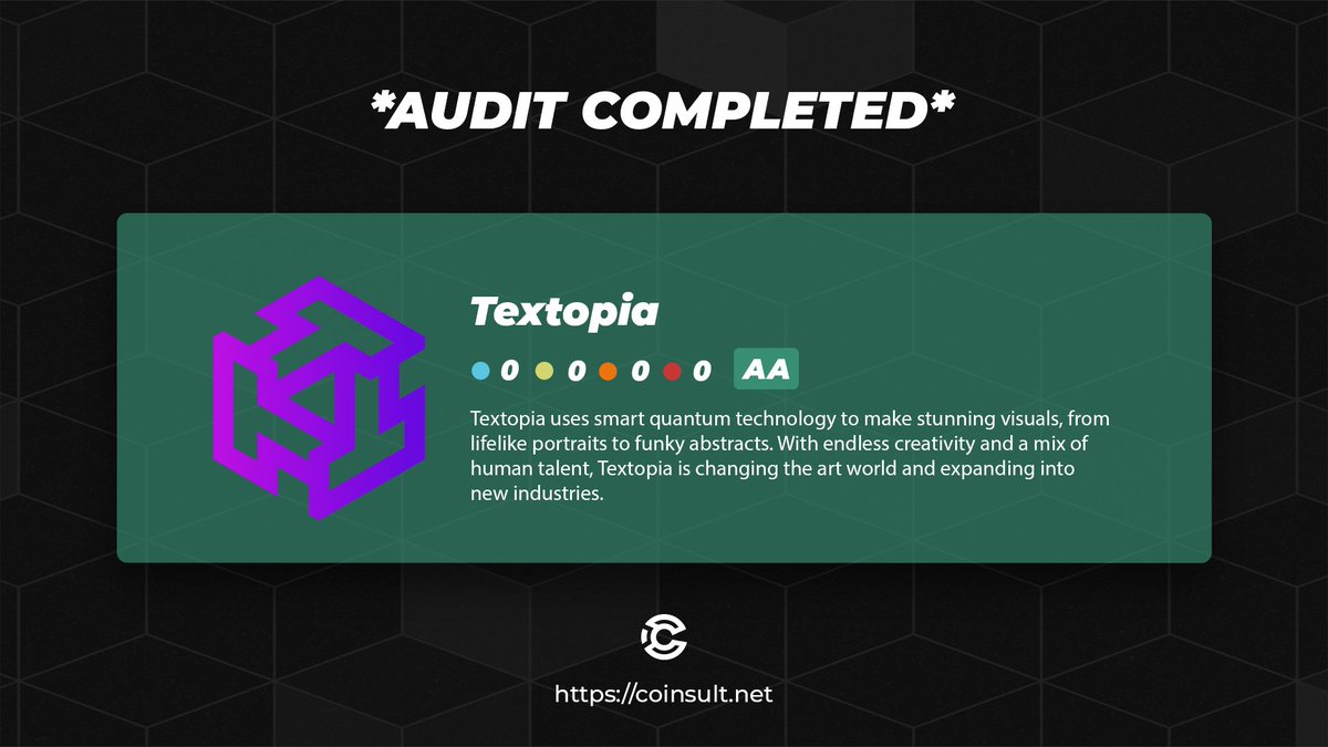 🔒AUDIT COMPLETED FOR TEXTOPIA 

🎁 GIVEAWAY: $30 (48 hours)

1⃣ Follow @TextopiaAi & @CoinsultAudits 
2⃣ Like + RT this tweet
3⃣ Place a comment 💬

Go check out the full project page of Textopia 👇
coinsult.net/projects/texto…

#giveaway #cryptogiveaway #audit #smartcontract