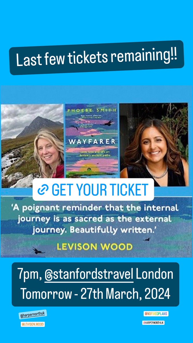 Last few tickets remaining for my launch tomorrow @StanfordsTravel in London. Where me and @no_fixed_plans will be discussing love, loss and life - in a glorious journey around Britain. Hope to see you there… Tickets: stanfords.co.uk/event-wayfarer…