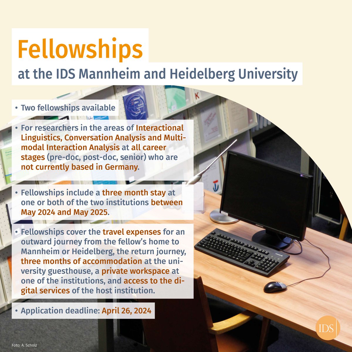 The IDS and the @UniHeidelberg offer two fellowships for researchers of #InteractionalLinguistics, #ConversationAnalysis and #MultimodalInteractionAnalysis at all career stages who are not currently based in Germany. Application deadline: April 26, 24. ➡️ ids-mannheim.de/org/karriere/s…