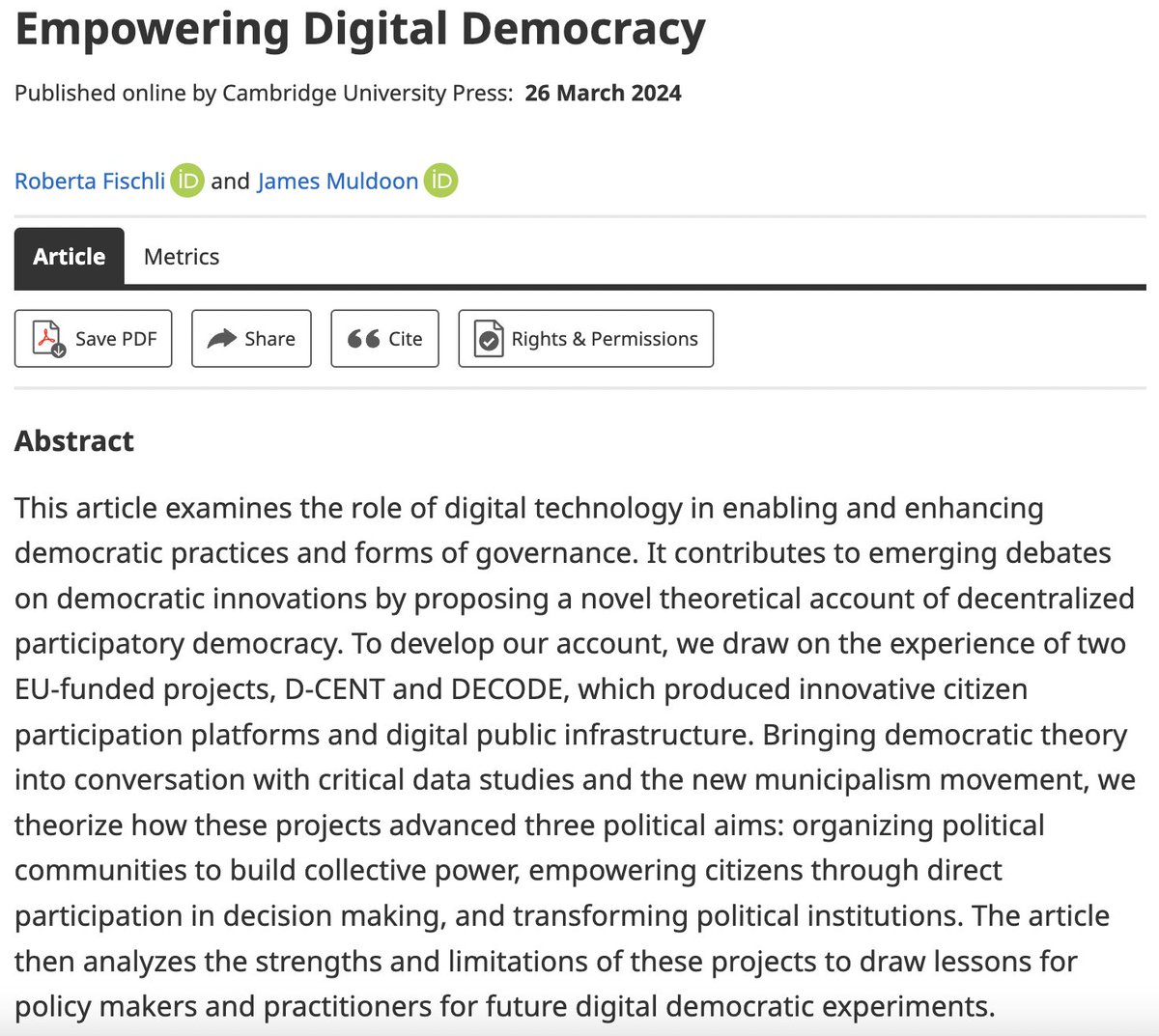 🪩Publication alert! @james_muldoon_ and I look at a set of European democratic experiments with digital technology to theorize a new account of ‚decentralized participatory democracy’ and discuss its potential for citizen empowerment. @PoPpublicsphere tinyurl.com/yf6j7e8r