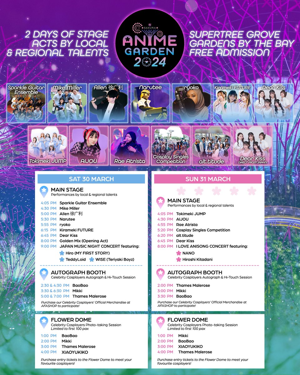 animefestasia's tweet photo. Sakura: Anime Garden returns to #gardensbythebay! The big weekend is almost here! Admission is free! See you!

Sakura: Anime Garden 2024
Date: 30th &amp; 31st March
Venue: Supertree Grove, Gardens by the Bay
Time: 3:30 PM to 10:00 PM
https://t.co/8TfJ9lFEeh
#SakuraGBB #animegardenGBB https://t.co/hLIdg2biyI