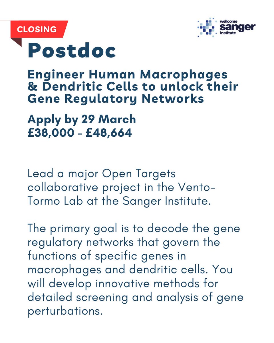We're recruiting! 🆕 Postdoc with @Francesco_i0ri0 at @humantechnopole 🆕 Snr Research Manager in the Operations Team ➡️ Postdoc with @roserventotormo @Sangercareers ➡️ Postdoc with @SiBucz at the University of Oxford See all available jobs at opentargets.org/jobs