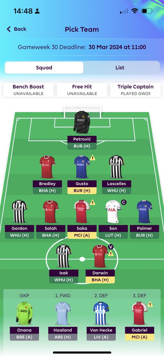 JordanWilcoxon's tweet photo. @FPLGenovezze Not too different although your funds are a lot more evenly spread with no Son and Garnacho in the midfield. Interesting take on no Saka, which I am tempted by with Diaz and then Foden coverage but no Arsenal attack on our current form is daunting. https://t.co/c064WC855A
