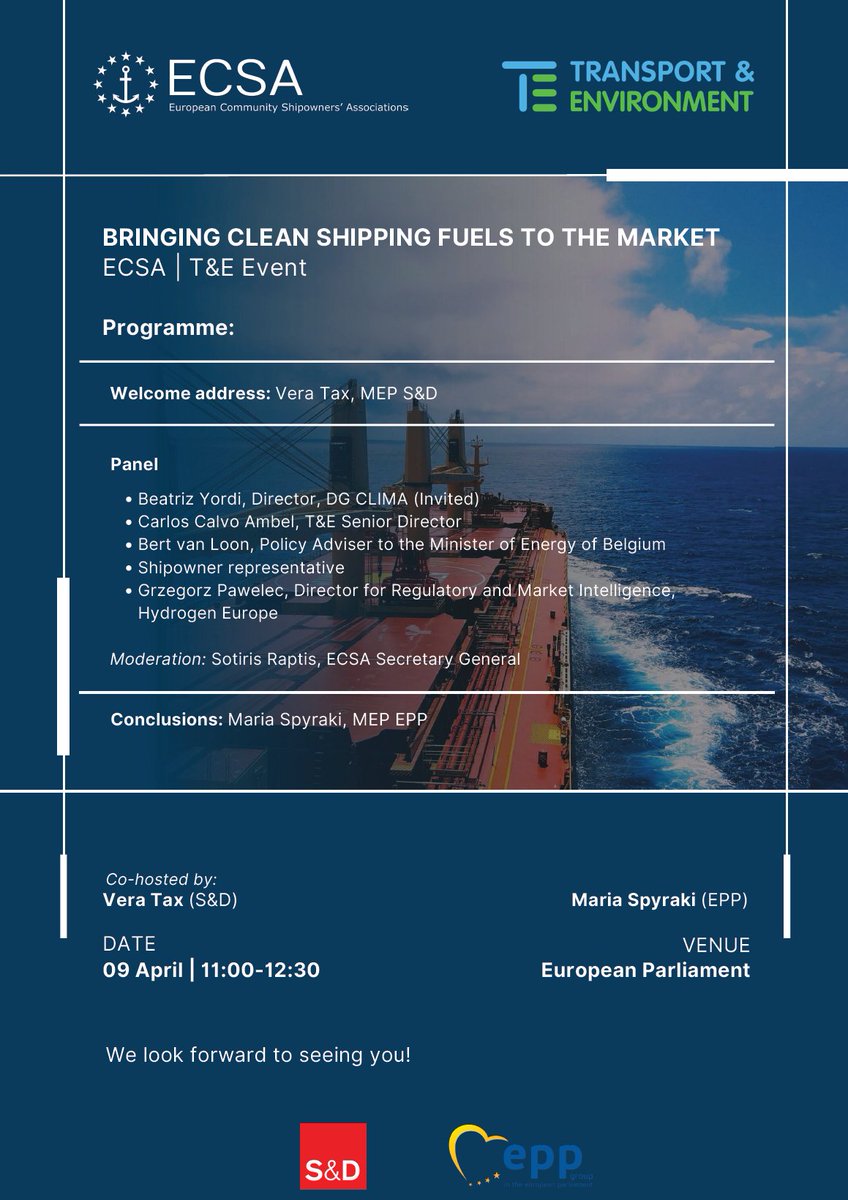 📢 Event alert: "Bringing clean shipping fuels to the market"

Join ECSA and T&amp;E <a href="/transenv/">T&E (🦋 find us @transportenvironment.org)</a> for an EP event on clean fuels for #shipping

Co-hosted by @Vera_Tax (S&amp;D) &amp; <a href="/MariaSpyraki/">Maria Spyraki</a> (EPP)
📆9 April | 11:00-12:30 CET
📍European Parliament 
🔗RSVP by 4 April
docs.google.com/forms/d/e/1FAI…